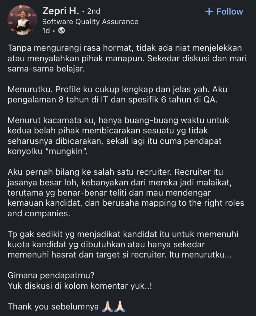 darilinkedin's tweet photo. Bisa-bisanya gue ditawar posisi Jr. Software Tester padahal dah jelas profile Linkedin gue experiencenya 8 tahun??!!!! https://t.co/YcLWcFR81V