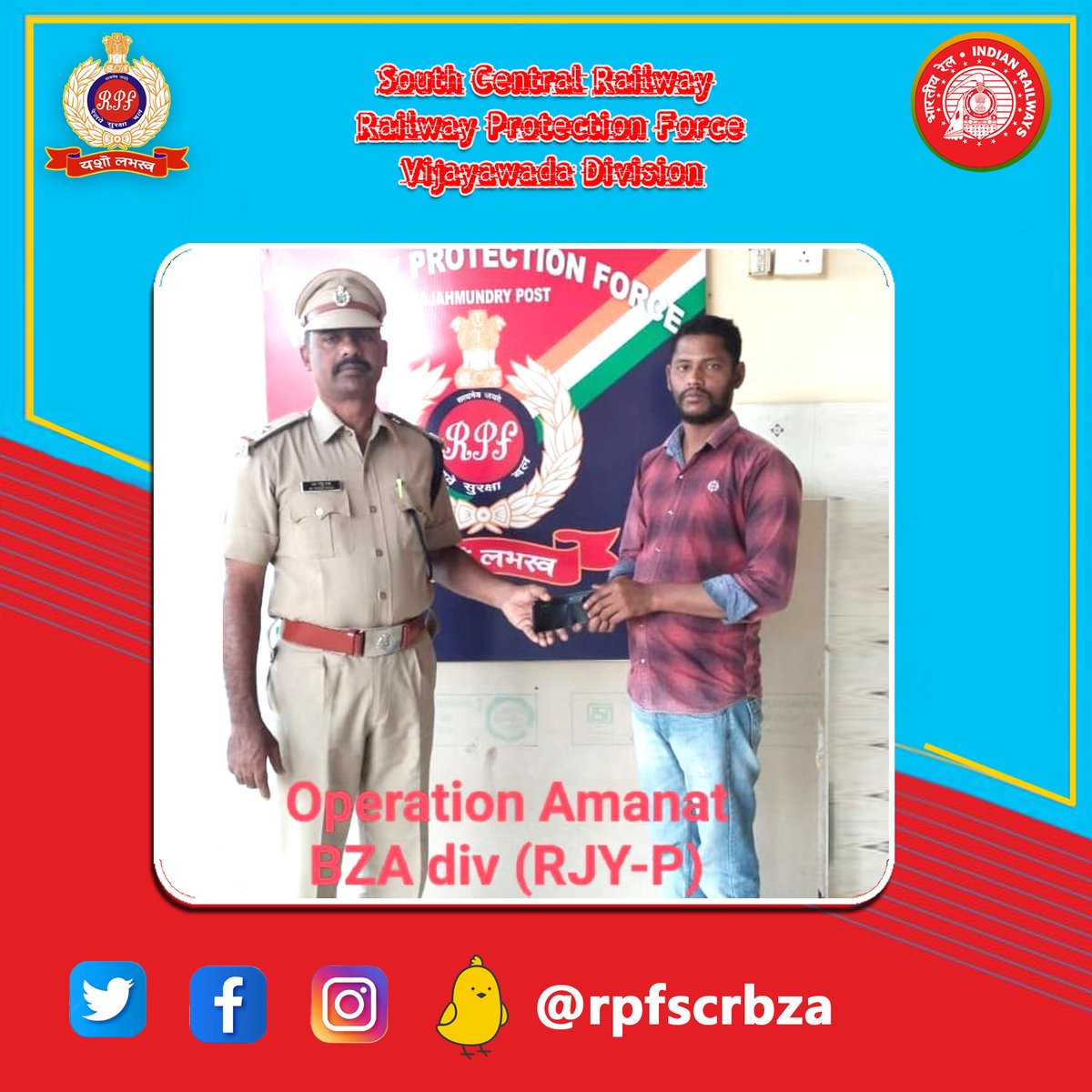 rpfscrbza's tweet photo. #OPERATION_AMAANAT. on 26-10-2022, mobile phone, worth Rs.17,000/- was secured by #RPF Rajahmundry. The same was handed over to its rightful owner. https://t.co/Xx3xfOv5bX