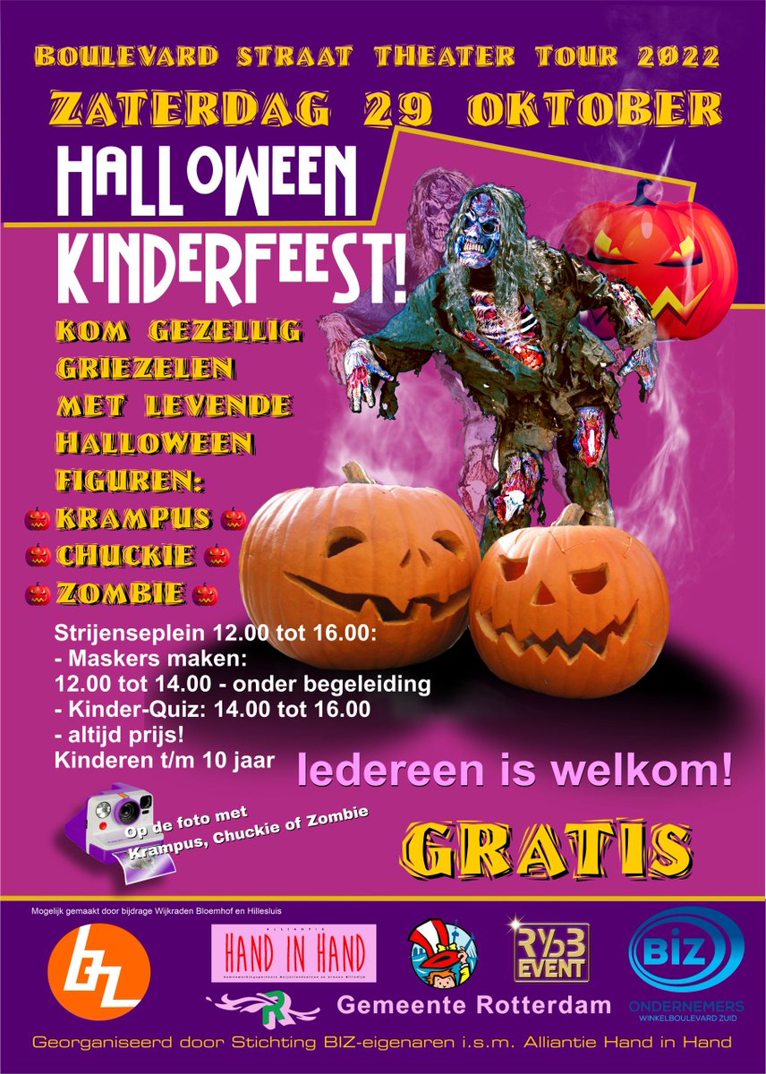 Morgen, zaterdag 29 okt. #WinkelboulevardZuid Strijenseplein van 12.00 tot 16.00 - #Halloween  Kinderfeest! Kom gezellig griezelen en ga op de foto met Krampus, Chuckie of Zombie. Ook maskers maken enz. Jij komt toch ook? #evenement #event #straattheater #GRATIS