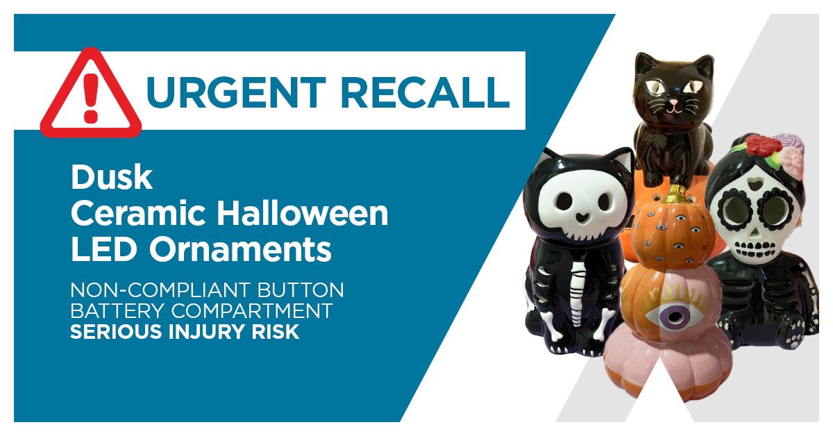 With Halloween just around the corner, you may be decorating with ceramic LED ornaments by Dusk. If so, stop use immediately and keep out of reach of children, as the button battery compartments aren't child-resistant. Learn more: bit.ly/3TK90cl