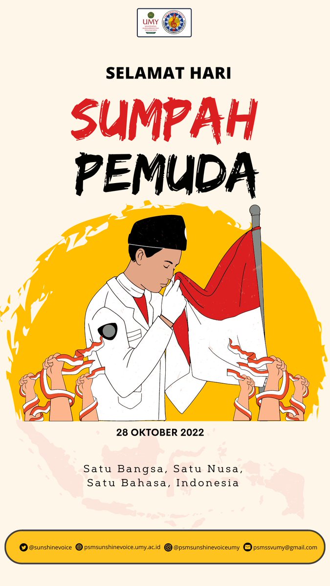Assalamu’alaikum wr wb

Hallo Semua!!👋🏻

Selamat Hari Sumpah Pemuda 2022!🇮🇩
Tetap kobarkan api semangat untuk membangun negeri. Indonesia satu, para pemuda bersatu.🔥✨💪🏻

Wassalamu’alaikum wr wb