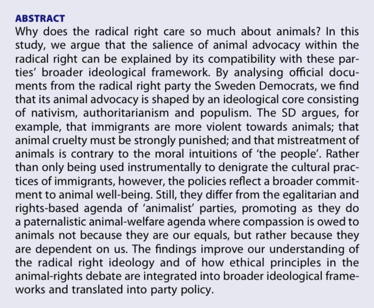 Anders Backlund (@anders_backlund) on Twitter photo Why does the radical right care so much about animals? In a new open access article in <a href="/JPolIdeologies/">Journal of Political Ideologies</a> <a href="/AcJungar/">Ann-Cathrine Jungar</a> and I analyse the case of the Sweden Democrats to shed some light on this question: doi.org/10.1080/135693⊠Why does the radical right care so much about animals? In a new open access article in <a href="/JPolIdeologies/">Journal of Political Ideologies</a> <a href="/AcJungar/">Ann-Cathrine Jungar</a> and I analyse the case of the Sweden Democrats to shed some light on this question: doi.org/10.1080/135693âŠ