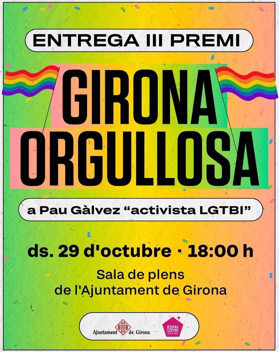 🏳️‍🌈Aquest dissabte el President del @fagc_catalunya rep el Premi de 'Girona Orgullosa'. Tot un honor per la nostra entitat aquest reconeixement a la lluita incessant pels nostres drets i llibertats del @lotcatsalt Pau Gàlvez. @espailgtbigi