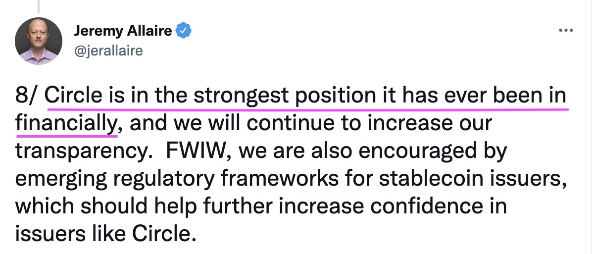 CryptoInsider23's tweet photo. The Circle CEO Jeremy Allaire also stated that “Circle is in the strongest position it has ever been in financially”.  CEOs in financial industry are more inclined to LIE about their financial condition to avoid bank run. Let alone Jeremy has history of fraud. https://t.co/huEFkhSPKf