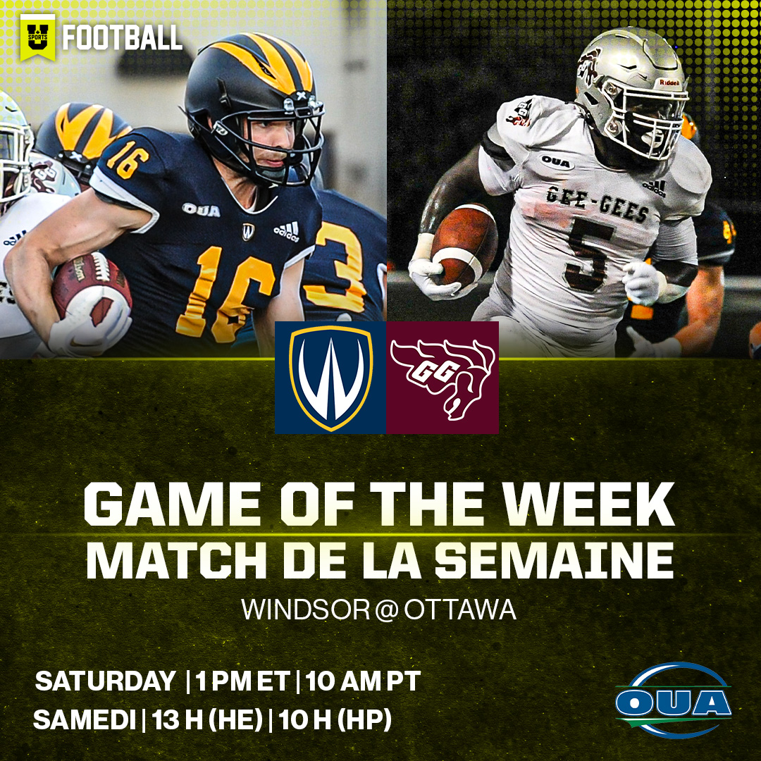U SPORTS (@usportsca) on Twitter photo 🏈U SPORTS Football Weekend Watch: Lancers & Gee-Gees clash to kick off <a href="/OUAsport/">Ontario University Athletics</a> playoffs
🏈Événements de football du weekend : <a href="/WindsorLancers/">Windsor Lancers</a> et <a href="/uOttawaGeeGees/">uOttawa Gee-Gees</a> s’affrontent pour lancer les éliminatoires d’association
EN🔗bit.ly/3gReKCF
FR🔗bit.ly/3DCrHZD 🏈U SPORTS Football Weekend Watch: Lancers & Gee-Gees clash to kick off <a href="/OUAsport/">Ontario University Athletics</a> playoffs
🏈Événements de football du weekend : <a href="/WindsorLancers/">Windsor Lancers</a> et <a href="/uOttawaGeeGees/">uOttawa Gee-Gees</a> s’affrontent pour lancer les éliminatoires d’association
EN🔗bit.ly/3gReKCF
FR🔗bit.ly/3DCrHZD