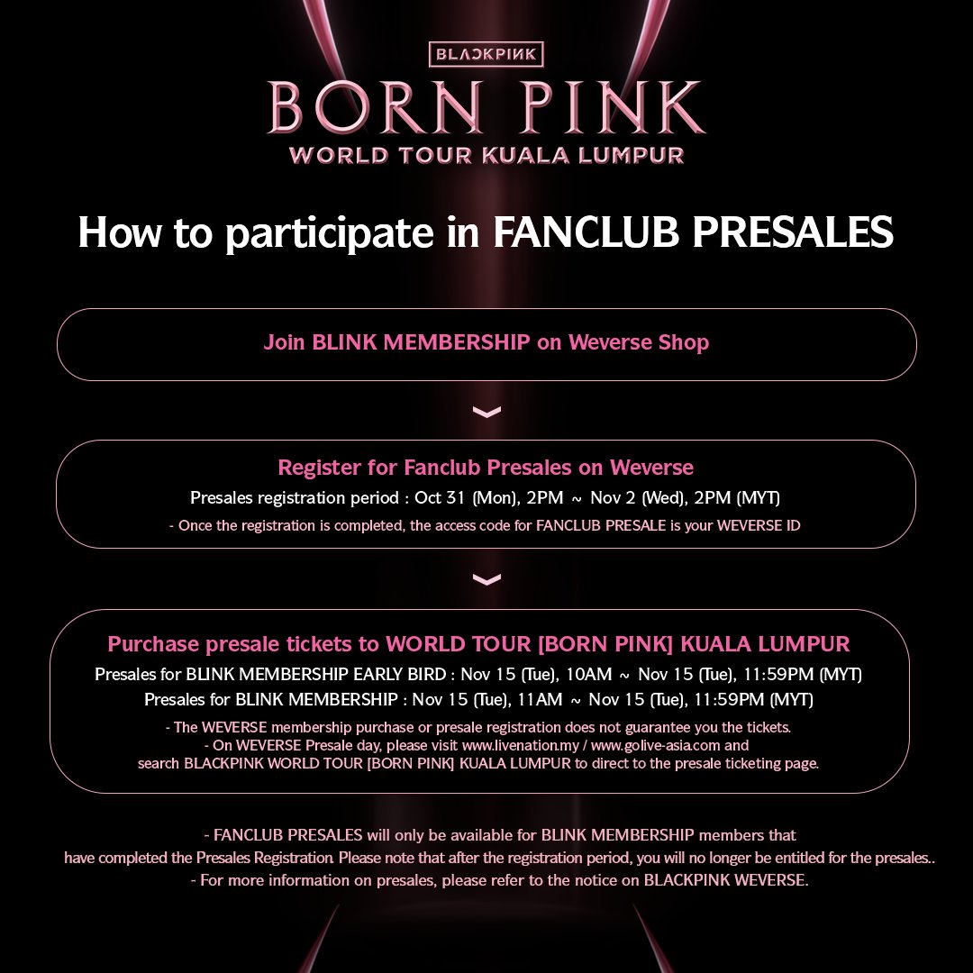 livenationmy's tweet photo. BLACKPINK WORLD TOUR [BORN PINK] KUALA LUMPUR

📅 Date：4 March 2023, 8 PM⁠
📍 Venue: National Stadium Bukit Jalil
🎫 https://t.co/R1mCcnt0Wo⁠ / GoLive Ticketing App⁠ https://t.co/58pSWwgLw3