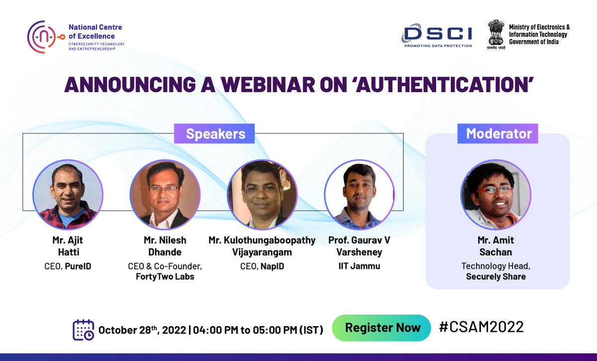 Authentication enables organizations & individuals safety by limiting access, only to verified users. Learn more about Authentication and its importance, attend our webinar on 'Authentication' as a part of #CSAM2022, scheduled today Oct 28, 4PM (IST) bit.ly/3WiA0RY