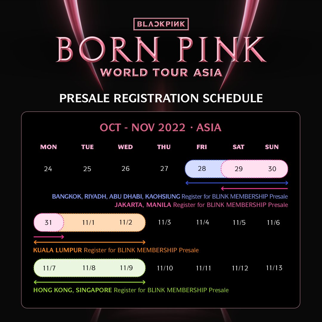 ygofficialblink's tweet photo. #BLACKPINK WORLD TOUR [BORN PINK] ASIA
Presale registrations have begun for BLINK MEMBERSHIP members! 🎉
Check the presale registration period for each city!

▶More info
https://t.co/zM7gdShdkq

#BLACKPINK #블랙핑크 #BORNPINK #BLACKPINK_WORLDTOUR #BLACKPINK_BORNPINK #ASIA #YG https://t.co/PSmurZYcbl