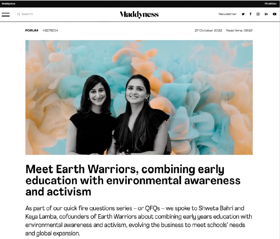 Our cofounders <a href="/TheShweta/">Shweta Bahri</a> and <a href="/KeyaLamba/">Keya Lamba</a> spoke with <a href="/Maddyness_UK/">Maddyness UK</a> about combining early education with environmental awareness and activism. 

Read the full article here: maddy.news/3fapTxL to find our more about the EWG journey!
