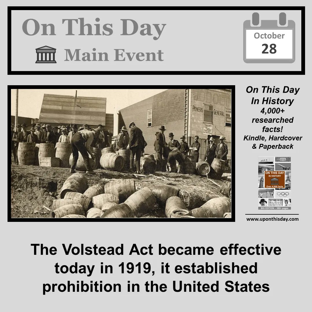uponthisday's tweet photo. #OnThisDay Main Event #OTD
The #VolsteadAct became effective today in 1919, it established prohibition in the United States
More here https://t.co/9K4tuGG4QP
Also on #Kindle - https://t.co/qBJuOEx1xZ
In #Paperback and #Hardcover https://t.co/NGE8YQrrYC