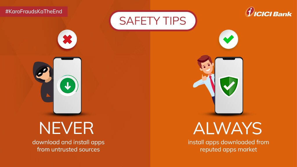 Prior to downloading / installing apps on android devices: 👉 Review app details 👉 Verify app permissions 👉 Do not check 'Untrusted Sources' checkbox to install side loaded apps #SafeBanking #KaroFraudsKaTheEnd