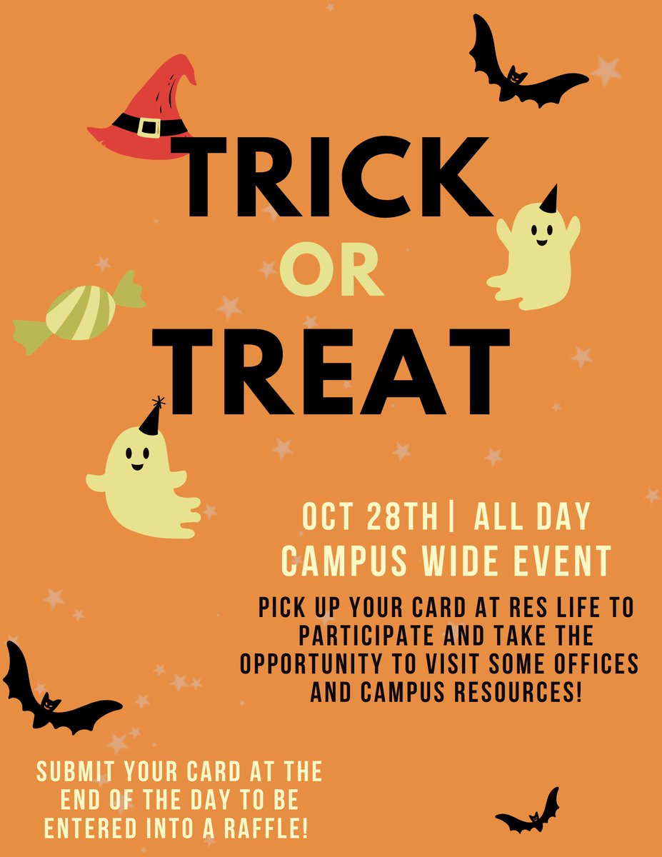 GoucherResLife's tweet photo. Remember to pick up your punch card from the Residential Life Office in Heubeck Hall, visit each of the participating offices for some Halloween treats, and return the card to the Residential Life Office before the end of the day Friday for a chance to win some great prizes! https://t.co/qUKmZJkrBH