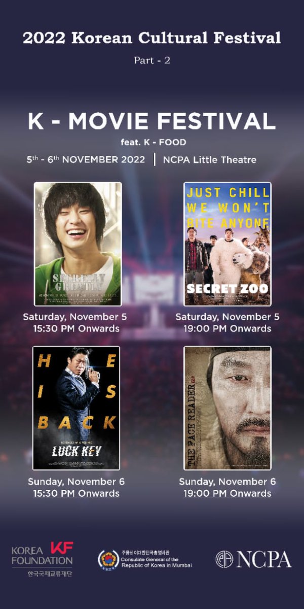 KoreaConsulate's tweet photo. 'tis the time of the year🥳K-fever will soar 'coz the Korean Film Festival '22 is here 2 set your pulse racing 🫰Come one, come all at d NCPA on 5, 6 Nov to watch these award-winning movies. May we add,that there r prizes 2b won upon participating in an online survey thereafter😎 https://t.co/NatoWRza7v