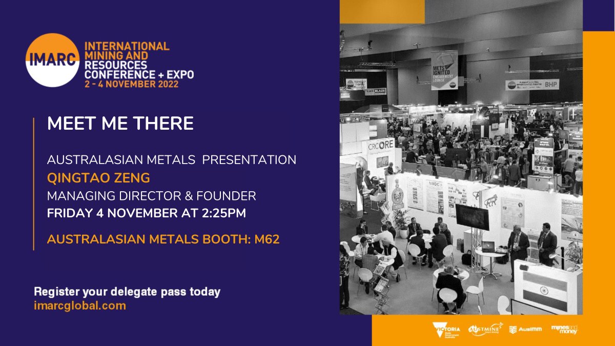 A8G_ASX's tweet photo. Australasian Metals Limited (ASX:A8G) will be exhibiting at IMARC from November 2 to 4!

Join our Managing Director &amp; Founder, Qingtao Zeng, for his presentation on Friday, November 4th at 2:25 pm.

Come by and say hello to the $A8G team at Booth M62. https://t.co/08d4Shuggn