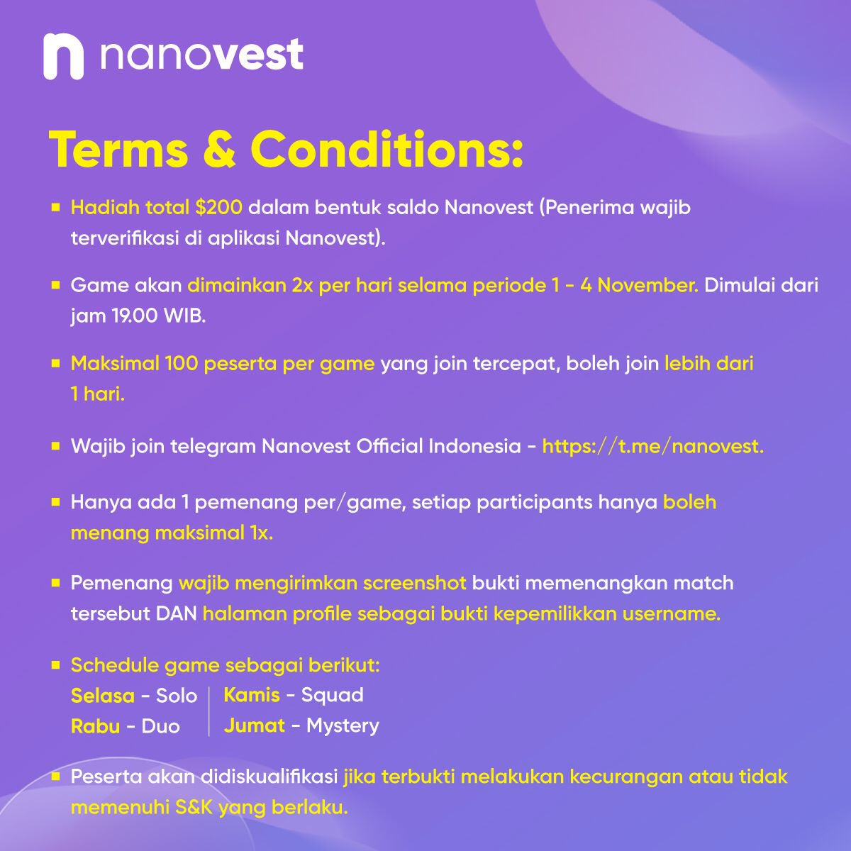 📢PANGGILAN KEPADA PUBG MOBILE PLAYERS!📱🔫

Nanovest menantang #NanoSquad dalam pertandingan PUBG Mobile dengan total hadiah $200 USD🤩