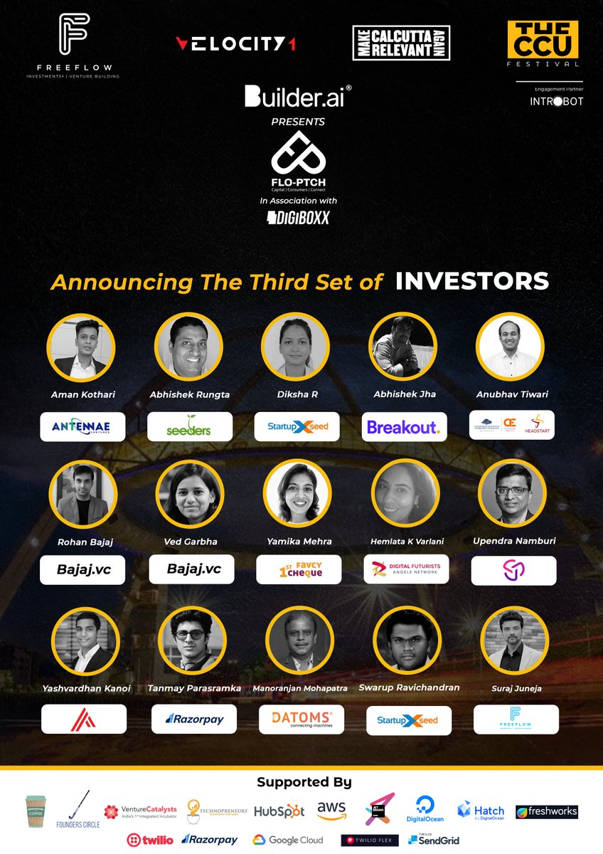 freeflow_zone's tweet photo. Meet the 3rd set of Investors at FLO-PTCH - India's First "ComMan" Startup Fundraising Pitches
At the most awaited - THE CCU FESTIVAL '22
Catch them live.
29th Oct β22
Taal Kutir, Kolkata
#startupindia #funding #fundingevent #fundraiserevent #startupinvestment #investmentopport https://t.co/3QzuDwZW3Q