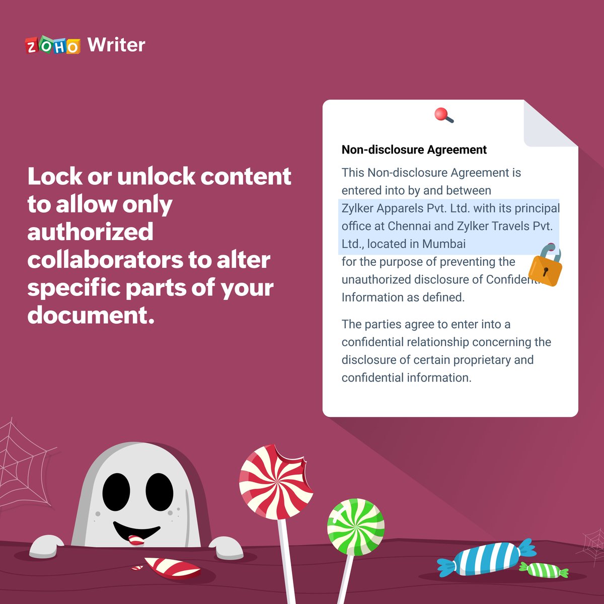 ZohoWriter's tweet image. Someone else eating your #Halloween candy? Annoying.😠

Someone who isn&apos;t authorized making changes to your document? Horrid!🤯

Fret not! #ZohoWriter&apos;s here to help with its #contentlock