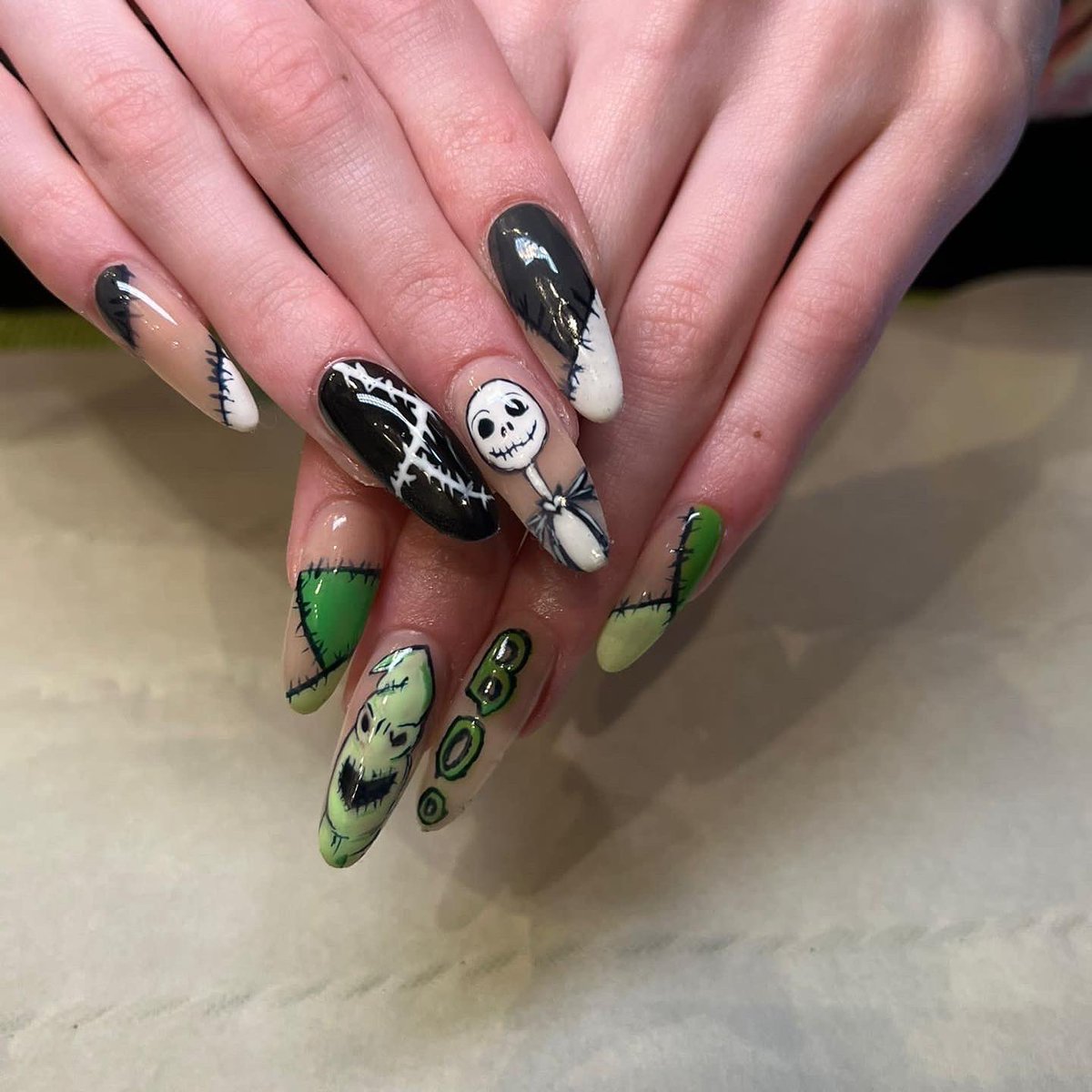 Proud dad’s moment ❤️ 💅🏻 
How talented is our daughter Becky 16yrs old &amp; smashing it!! 
How stunning are these Halloween acrylic nail’s with free hand “Nightmare before Christmas” nail art wow 🤩 based at Dermal spa, Formby, Merseyside, no wonder your diary is packed!