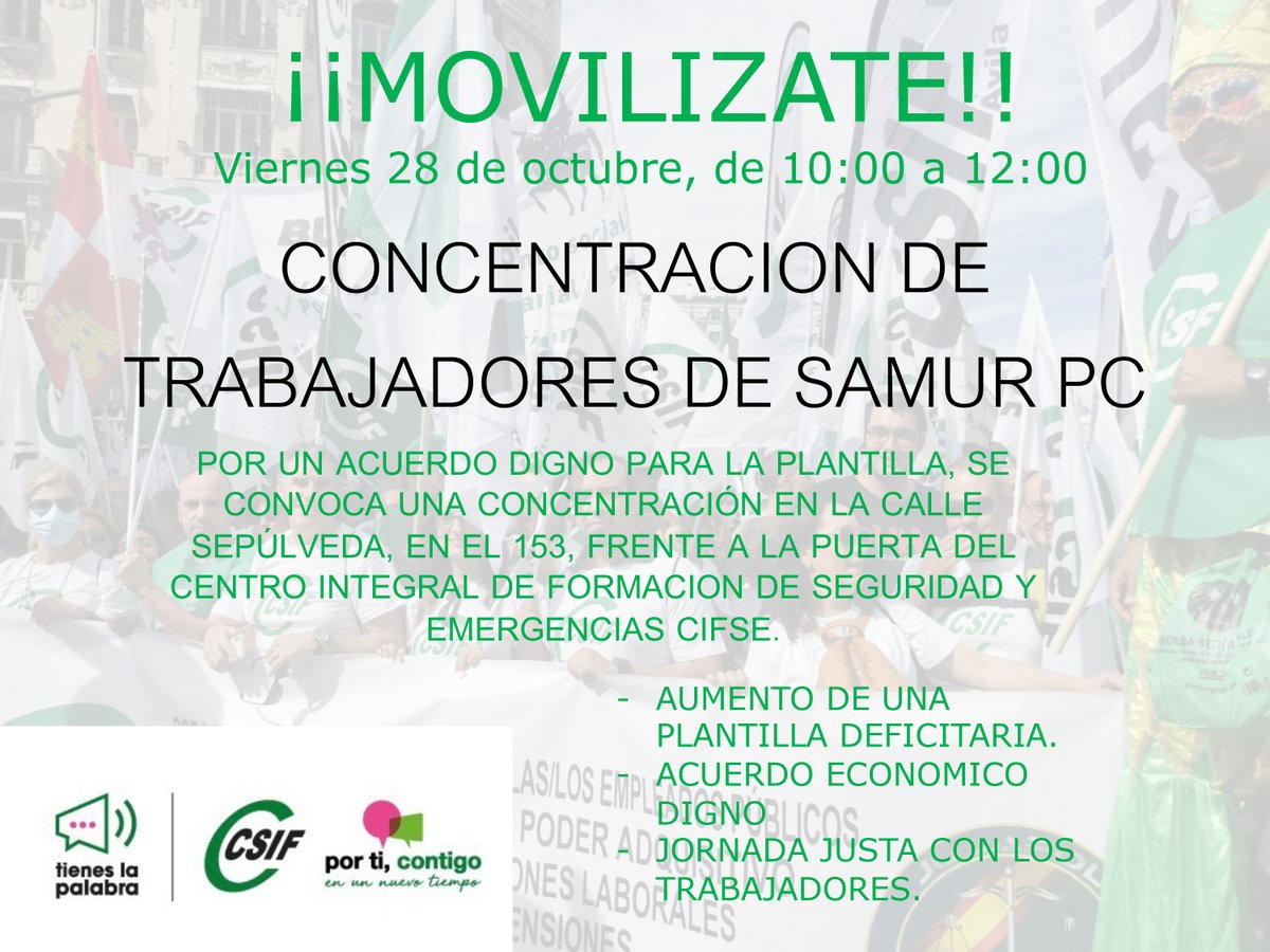 CSIF_UAMadrid's tweet image. 🚨 Esta mañana, a las 10 horas, #CSIF se moviliza con los trabajadores de @SAMUR_PC para exigir un acuerdo digno.
👉 Aumento de plantilla
👉 Jornadas justas
👉 Condiciones laborales decentes
Frente a la sede de @CIFSE_Madrid, en la calle Sepúlveda 153 (Madrid).
#CSIFsítedefiende