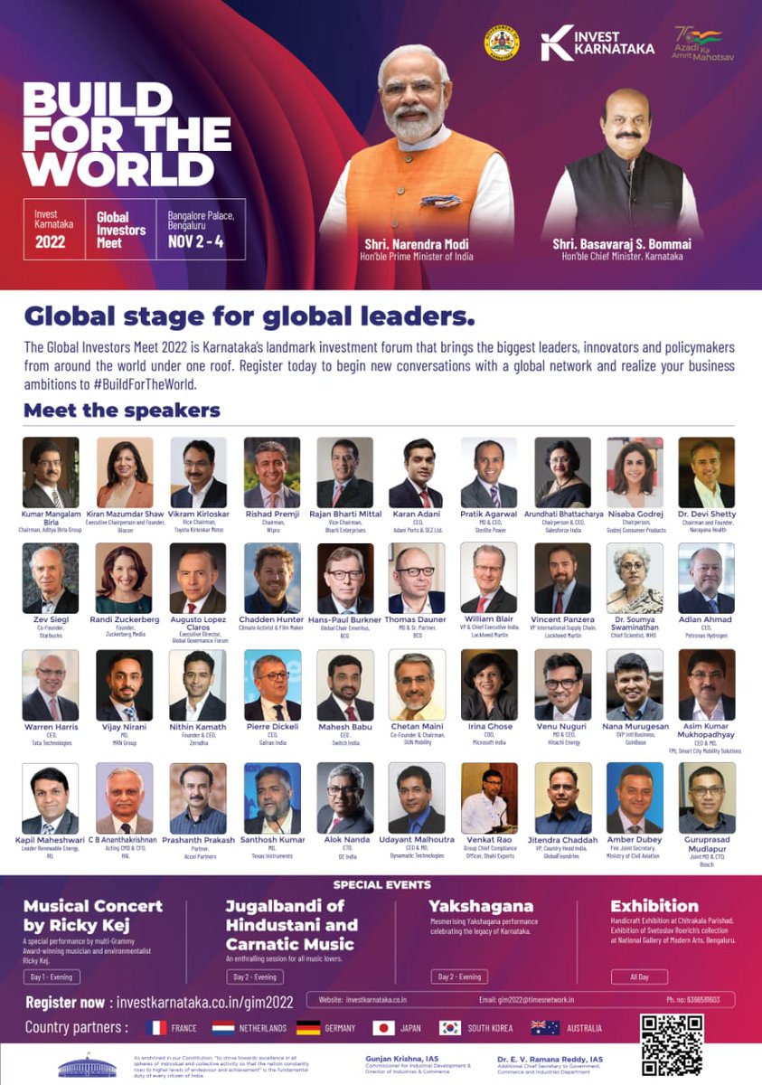 Global Investors Meet 2022 brings together the world's biggest leaders, investors and policymakers under one roof. Join us on Nov 2-4, Bangalore Palace, Bengaluru by registering here: investkarnataka.co.in/gim2022/ #MakeInKarnataka #BuildForTheWorld