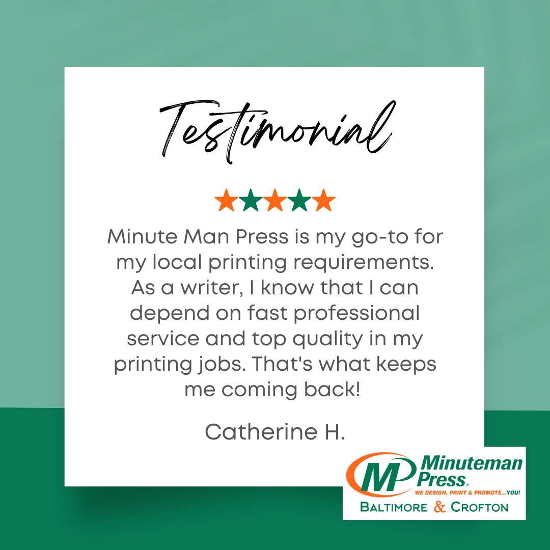 Thank you, Catherine, for your kind words and for choosing us for your printing needs. 

#ThankYouForYourReview #MinutemanPress #PrintDesign #SupportMarylandBusiness #PrintLocal #PrintingProject #CroftonMD #CantonMD #FederalHill
