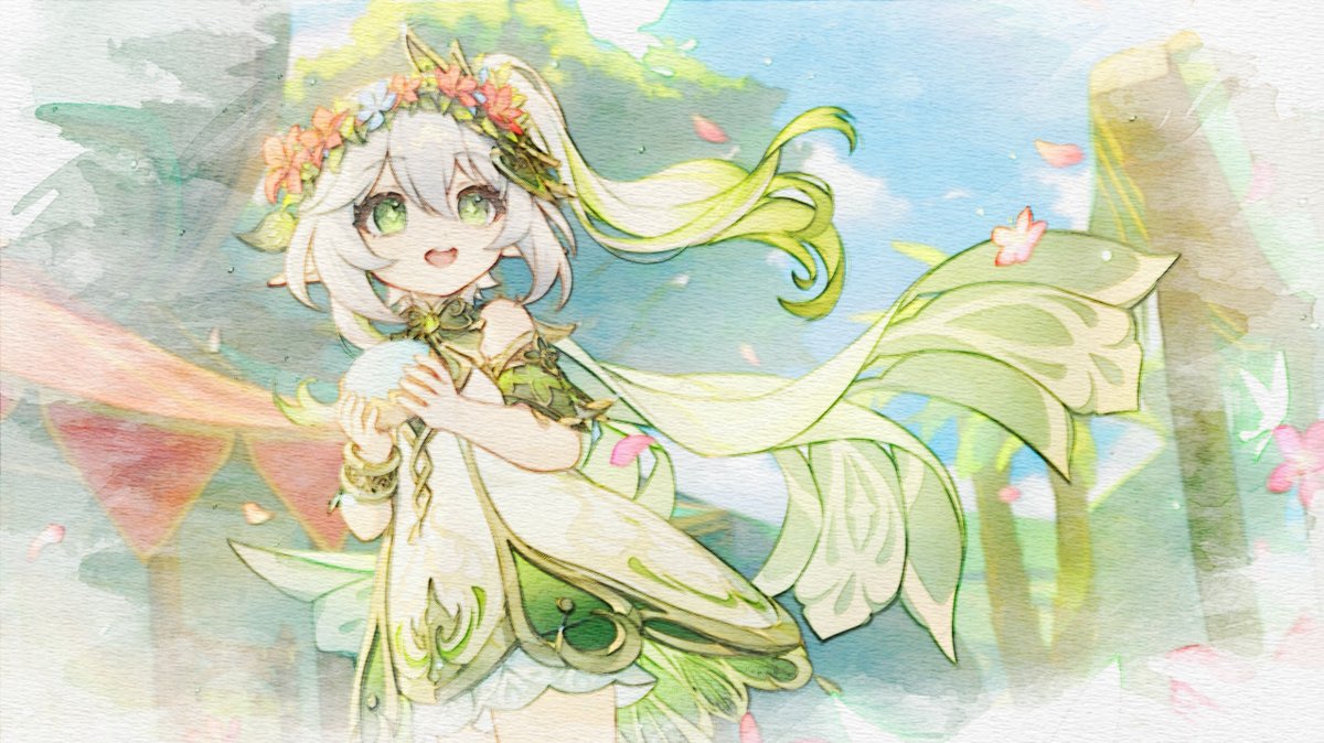 nahida (genshin impact) 1girl green eyes side ponytail dress white dress hair ornament white hair  illustration images