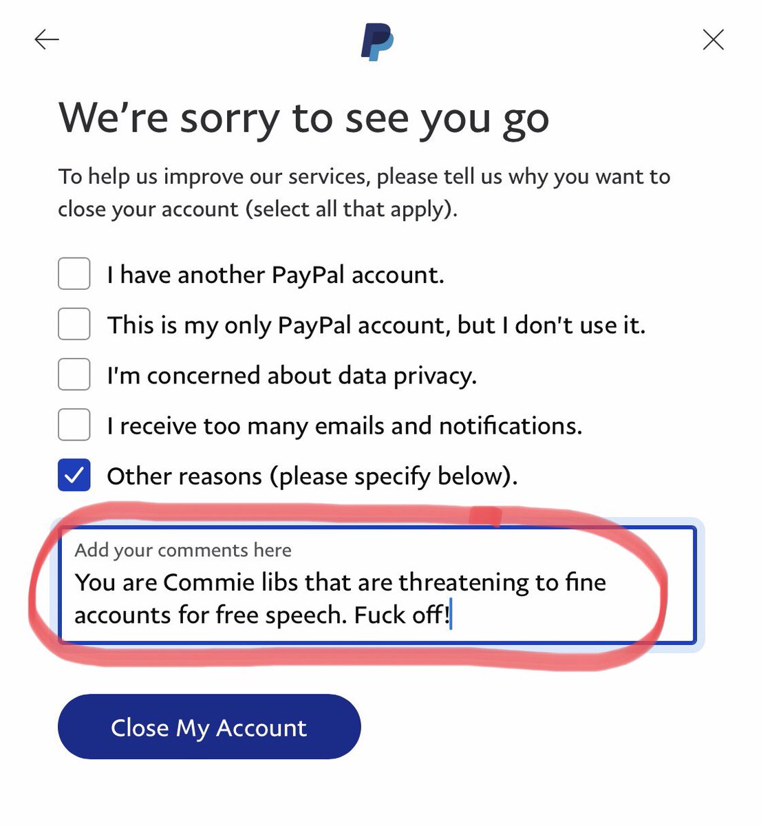 Dropped those Commie asswipes yesterday.

#boycottpaypal