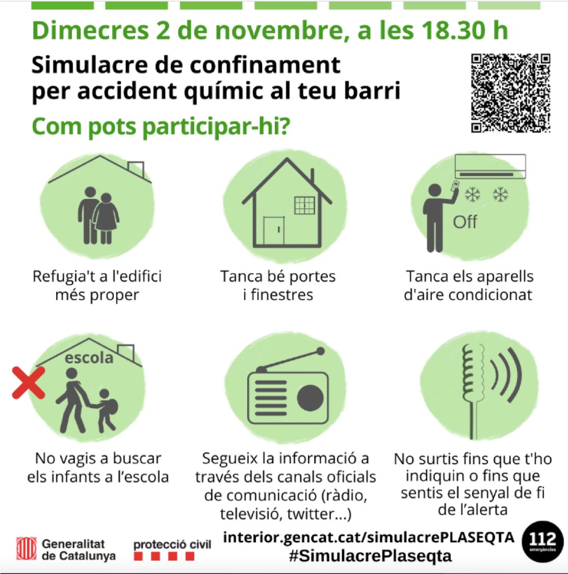Simulacre de confinament químic del PLASEQTA
El dia 2 de novembre al voltant de les 18.30 h es farà un simulacre de confinament a la zona de Tarragona, en el marc del PLASEQTA.
Més iformació
interior.gencat.cat/ca/arees_dactu…