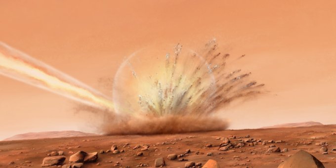 Vue d’artiste de l’impact de météorite du 24 décembre 2021 dans les plaines d’Amazonis, sur Mars. © IPGP – CNES – N. Starter