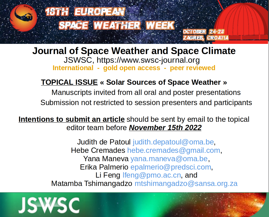 judithdepatoul's tweet photo. 👏Thank you all for your great contributions, talks and posters to the Session SWR1 Solar Sources of Space Weather @ESWW22
👇Here a last announcement about a topical issue to #JSWSC
➡️https://t.co/mgBS8btGUt https://t.co/FkSzY8NXIX
