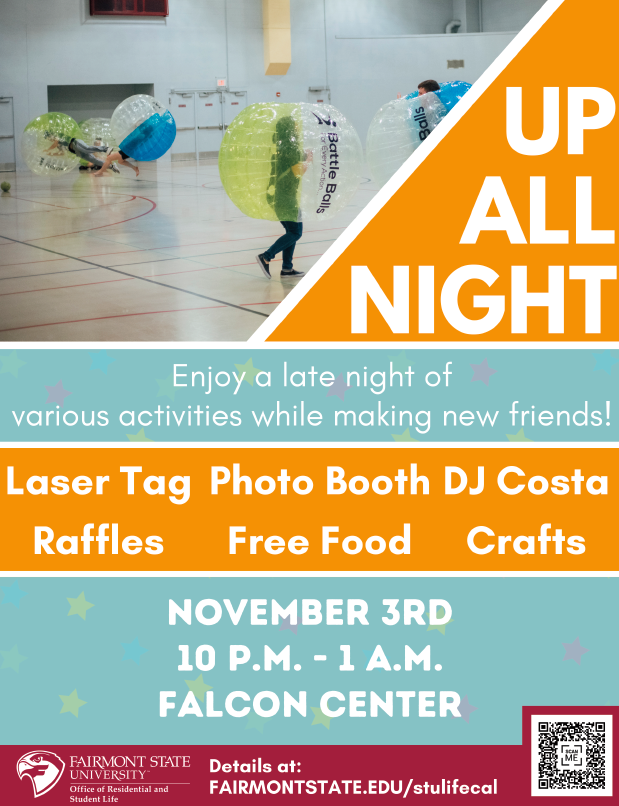 WHO IS READY FOR UP ALL NIGHT?!?!?!?! We have tons of prizes and shirts for the event!! Falcon Center Gyms 1 and 2!! November 3rd! Prizes include a Fire TV, Switch, Bluetooth Speaker, and Airtags!! Shirts will be given away throughout the night!