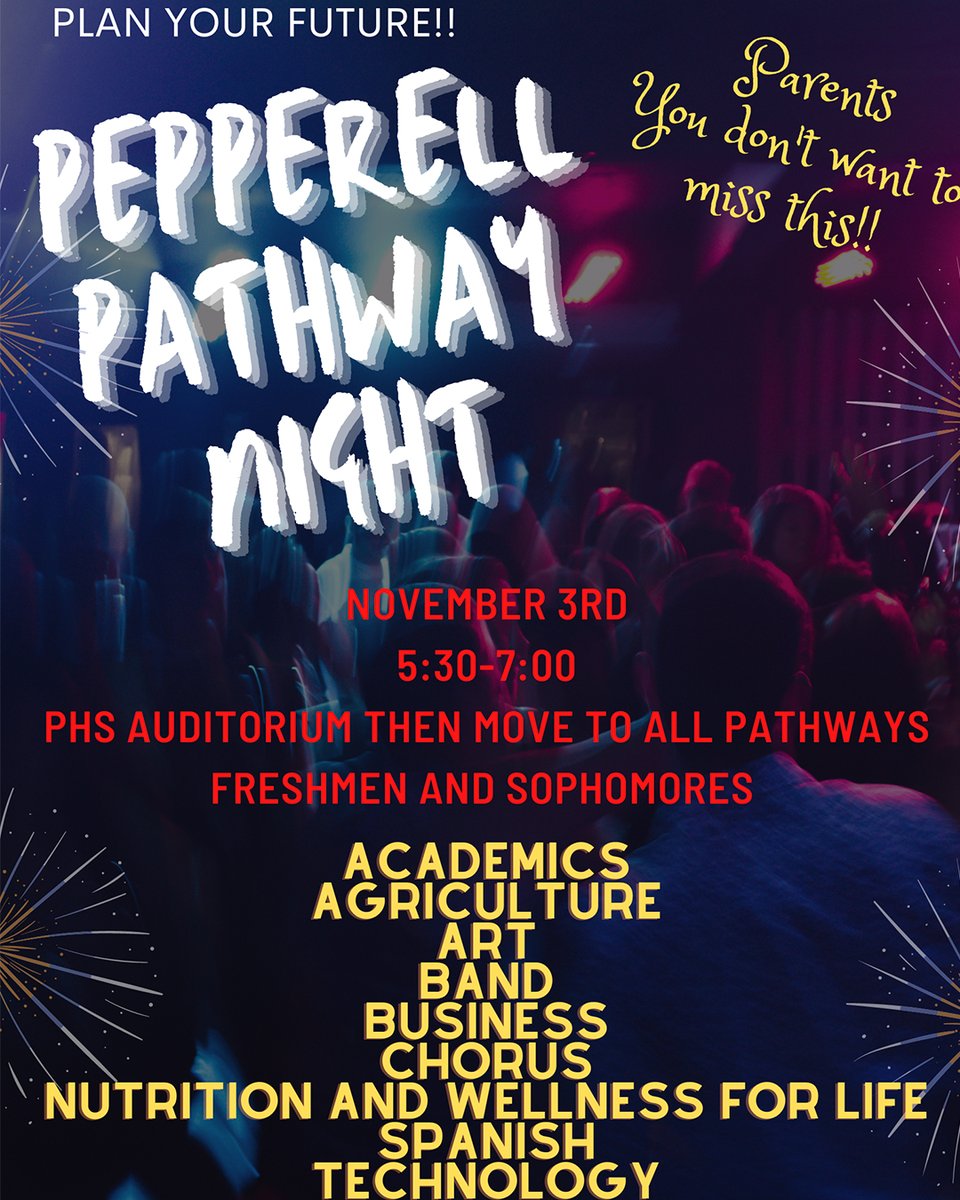 Thursday, November 3rd will be Pathway Night from 5:30 - 7pm.  Come out to the PHS Auditorium and learn more about all the great programs PHS has to offer.
