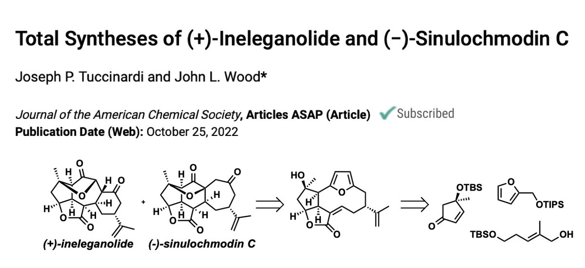 I continue to have the priviledge of working with awesome students. @JohnWoodGroup,@BaylorCBC, @Baylor Read how second year graduate student, Joey Tuccinardi, started and finished the long-sought targets (+)-Ineleganolide and (-)-Sinulochmodin C. @JACS