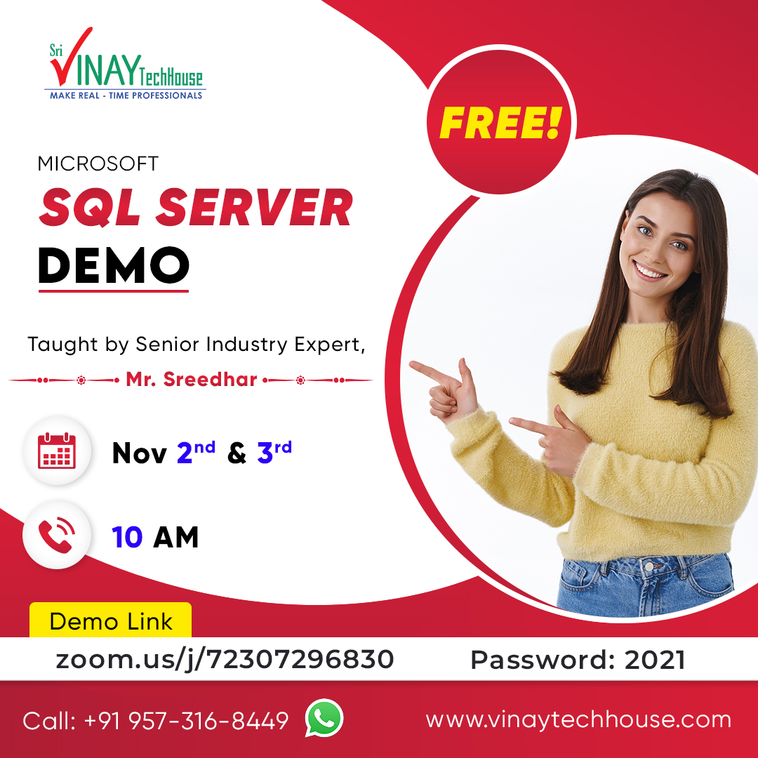 vinay_Techhouse's tweet photo. Attend SQL Server FREE DEMO on Nov 2nd &amp; 3rd @ 10:00 AM IST.
Online:
https://t.co/dY2YRCnLmi
password:2021
Visit: https://t.co/fZrJq6DikQ
Call Us:+91-9573168449
#SQLServer #SQLlanguagge #SQL #BusinessIntelligenceSQL #vinaytech #PowerBI #mssql https://t.co/dHZUQVAjIC
