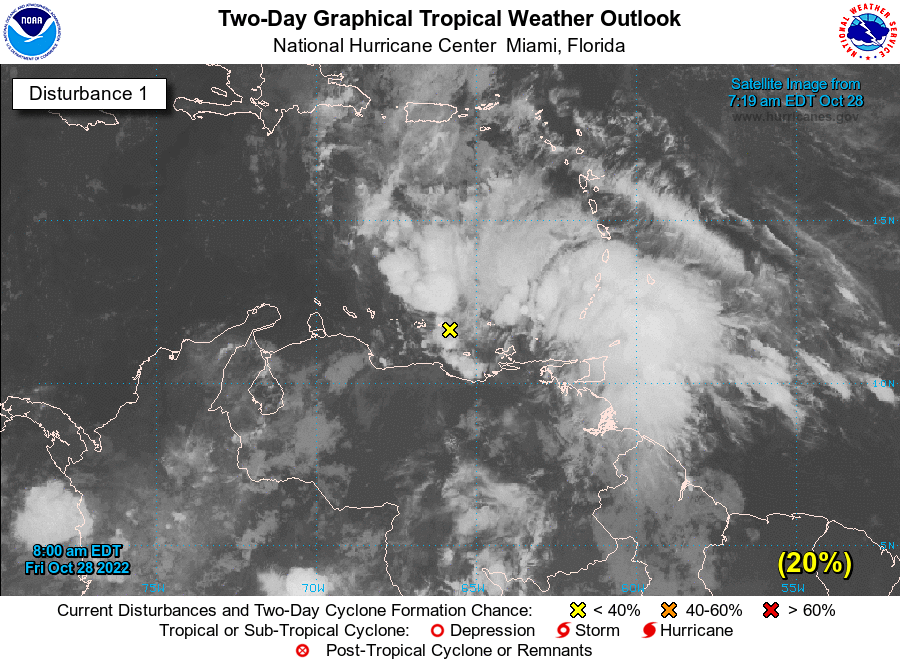 NHC_Atlantic's tweet photo. 8 am Friday update: NHC is monitoring an area of disturbed weather over the eastern Caribbean Sea. Conductions appear conducive for development and a tropical depression is likely to form this weekend or early next week. Follow the latest at https://t.co/tW4KeGdBFb https://t.co/y604UhueM8