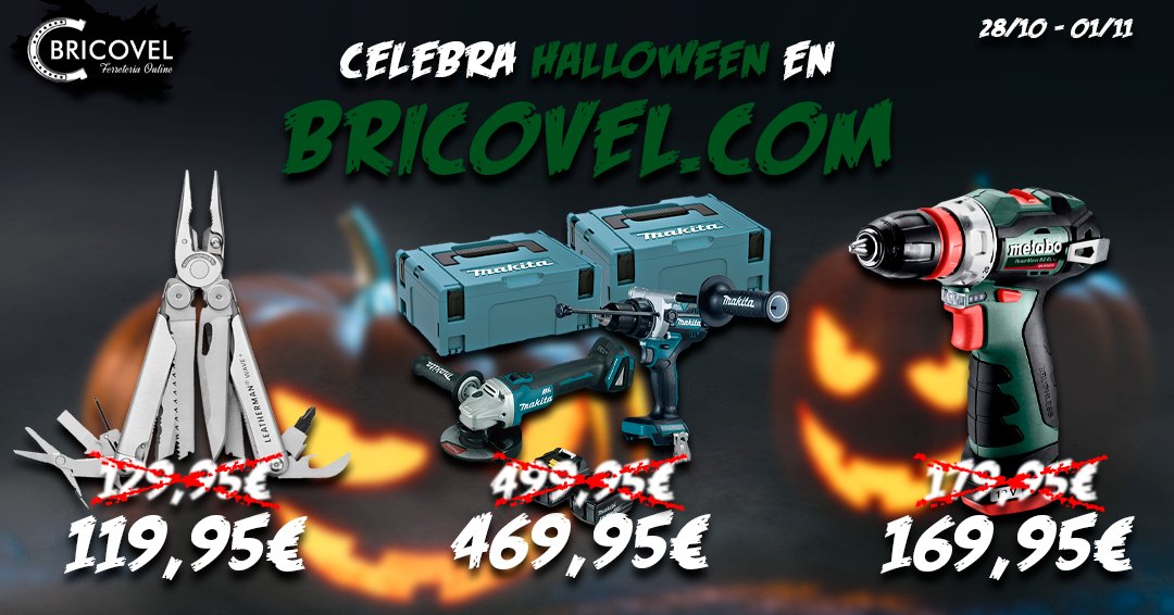 ¡Celebra #Halloween 🎃 con nosotros! Aprovecha una de estas ofertas por tiempo limitado en nuestra web 😉 
🔗 bit.ly/Ofertas-Bricov…
➡️Alicate <a href="/Leatherman/">Leatherman</a> 
Ref.: 832524
➡️ Combo <a href="/MakitaTools/">Makita Tools USA</a> 
Ref.: 30692413
➡️ Atornillador Metabo
Ref.: 51519500