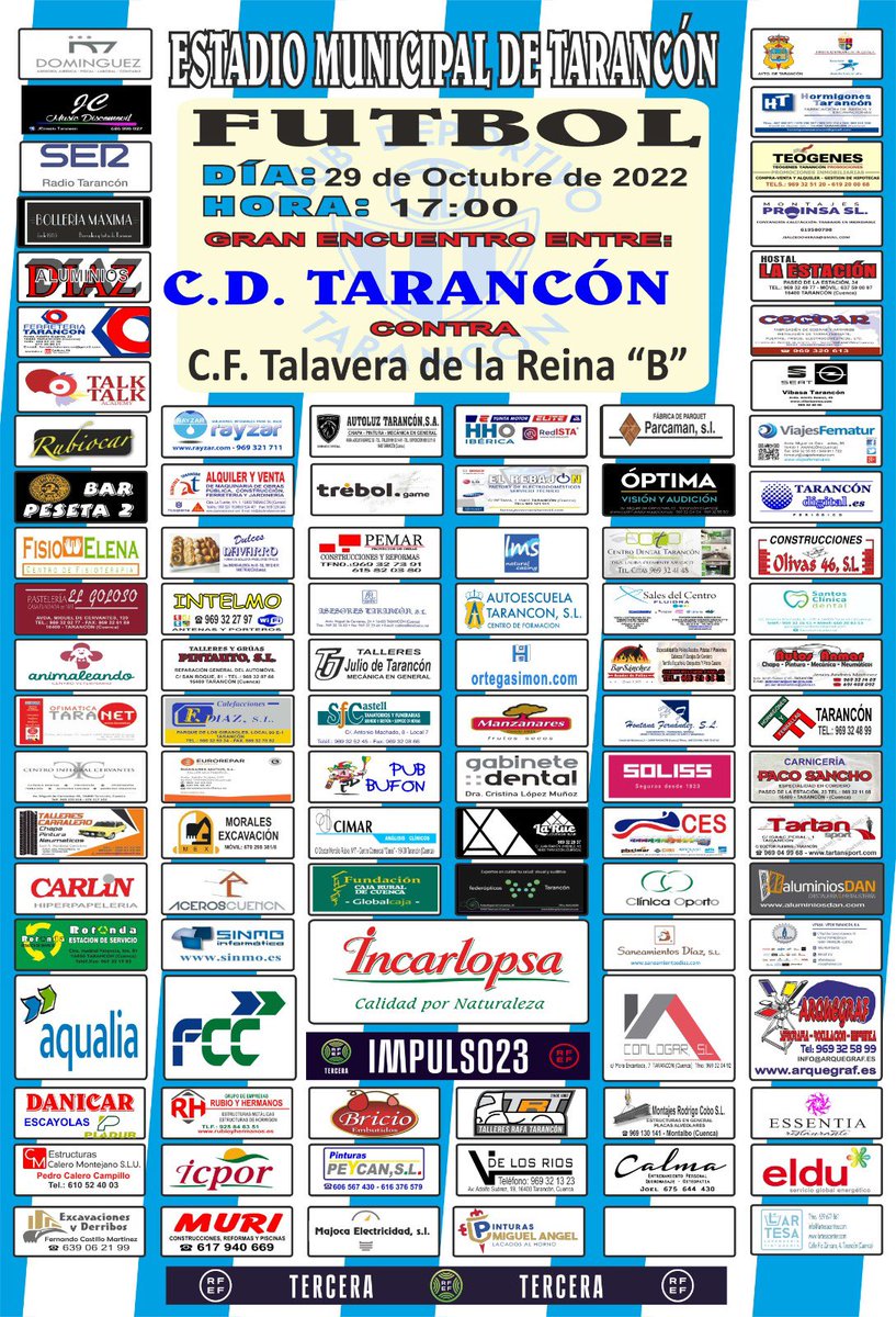 CDTarancon's tweet photo. Esta jornada jugamos en casa💪🏽💪🏽

🆚 @CFTalavera “B”
📅 SÁBADO 29 DE OCTUBRE 
⏰ 17:00
🏟 ESTADIO MUNICIPAL

Os esperamos!!

#TarancónAlé💙🤍💙🤍 https://t.co/EX7p2TLvc8