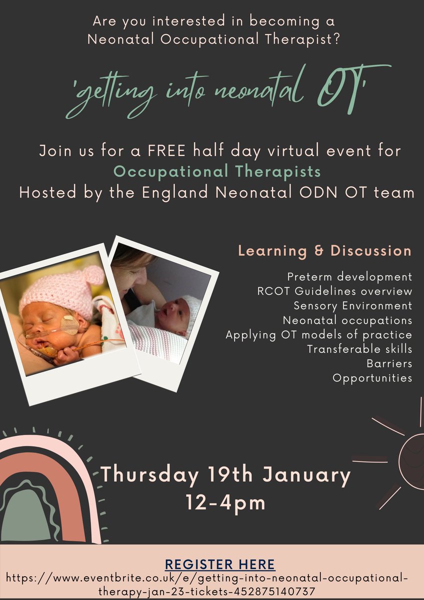 Calling all #Occupationaltherapists with an interest in #neonates the next #gettingintoneonatalOT event is set for Jan! Registration goes live on 1st Nov so don’t miss out! @benharrisOT @AmandaJeanOT @SarahTandyOT @SarahWillisOT @JanicePearse @JaneOccTh eventbrite.co.uk/e/getting-into…