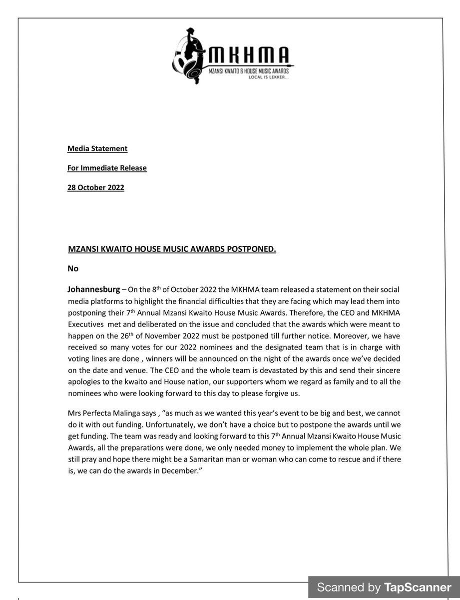 MKHMA21's tweet image. It is  unfortunate that we have to postpone the main event for the Mzansi Kwaito and House Music Awards. Should there be any changes, we will communicate. 

#SaveMKHMA
#Ziwu7
#Holla7
Black Jesus
#Uthandonesthembu
#Sandton
#RamaphosaMustGo