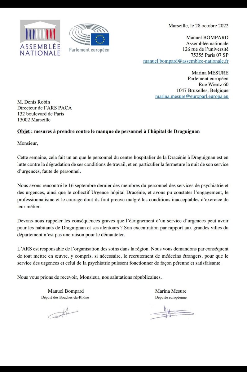 Courrier de Manuel Bompard et Marina Mesure adressé à l'ARS-PACA / retour sur leur visite à l'hôpital de Draguignan .