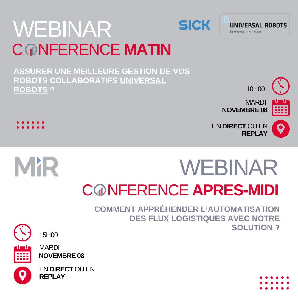 📅🎯 SAVE THE DATE WEBINAR 🎯📅 

Nos deux webinars : la solution SICK France et l'automatisation des #flux logistiques avec MiR Robots Southern Europe &amp; MEA approche ! ⏰

Plus d'informations sur la page « Événements » de notre site internet : ow.ly/fL9y50Lj5ep