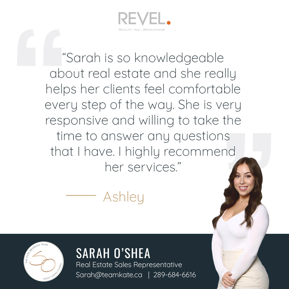 #ReviewOfTheMonth! #AgentSarah has the experience, knowledge, and client reviews to back it up! We received this lovely review from Ashley, recommends Sarah's services to others.  #RealEstate #Brantford #Norfolk

Revel Realty Inc. - The Kate Broddick Team
Sarah O’Shea - Sales Rep