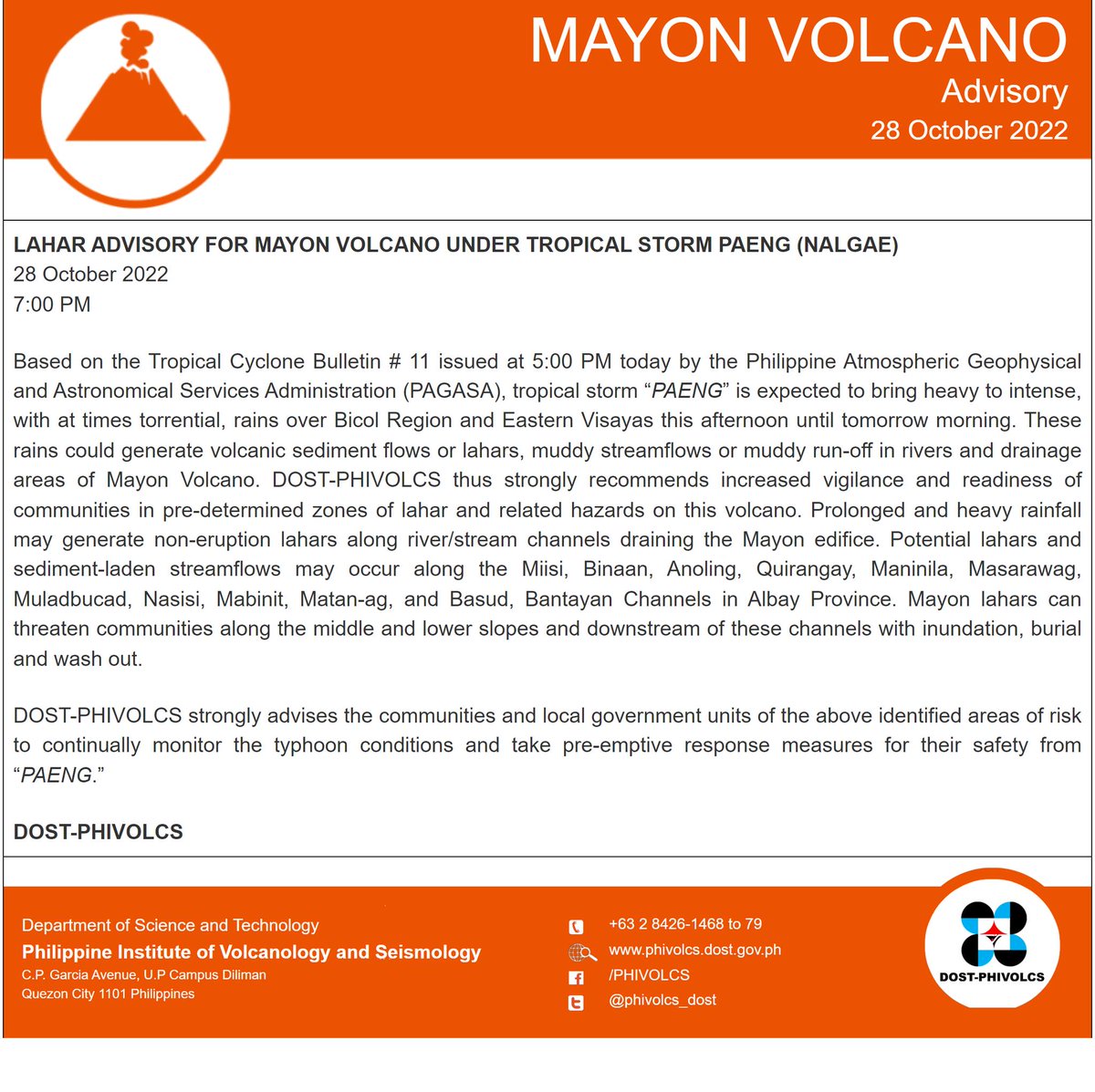 inquirerdotnet's tweet photo. STAY SAFE!

READ: Phivolcs warns that the Mayon Volcano in Albay might produce lahar and muddy run-offs that could flow along bodies of water in the area due to the onslaught of #PaengPH. | 📸 Phivolcs-DOST https://t.co/kfLj6zFynb