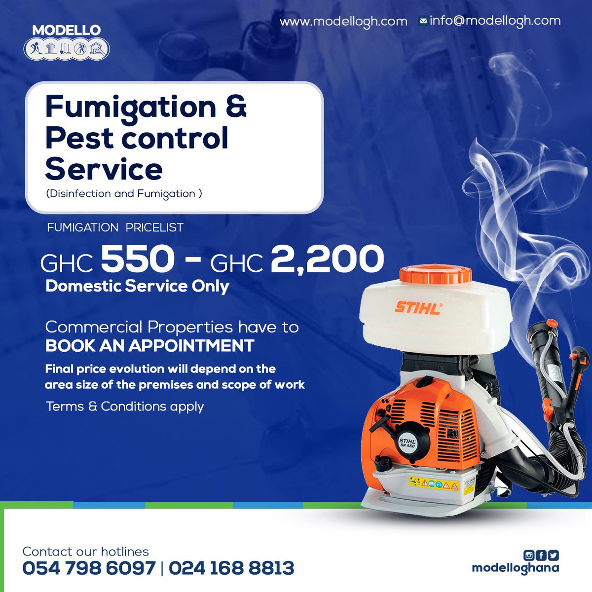 modelloghana's tweet photo. 🗣All clear!!!, from bed bugs to cockroaches, address all your homes, offices and commercial insect and pest issues with Modello. Let us help 🤲🏾you with all your fumigation needs.
📲Book with us 📗
#modelloservices #fumigationexperts https://t.co/cwKRPYq3kD