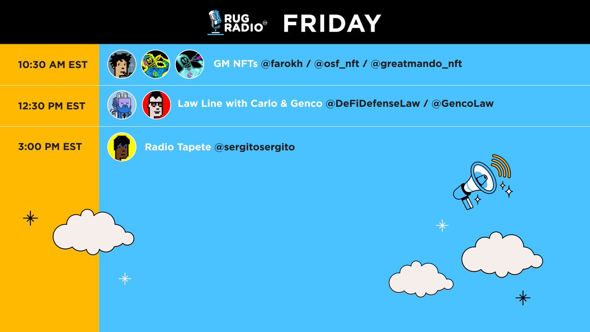 📣📣 FRIDAY SHOW SCHEDULE! 📣📣

Don't miss:
<a href="/farokh/">Farokh</a> <a href="/osf_nft/">The Keeper</a> &amp; <a href="/greatmando_nft/">greatmando_nft</a>
@DeFiDefenseLaw &amp; <a href="/GencoLaw/">ray @gencolawᵍᵐ</a>
<a href="/sergitosergito/">Sergito ❚ ❚</a>