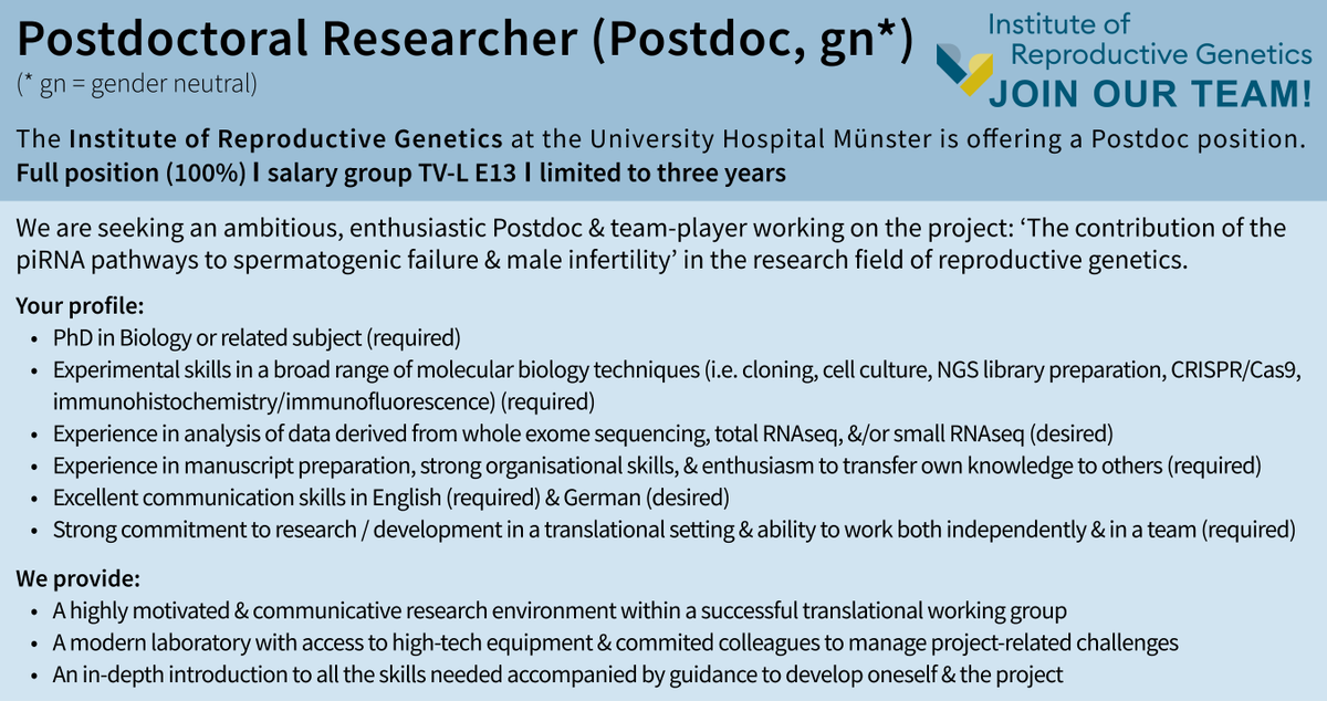 JOB ALERT - #postdoc opportunity in #reproductive #research! #piRNA biogenesis, male #infertility, reproductive #genetics – if those keywords get you excited, you are the perfect match for our team! More details at tinyurl.com/Postdoc-IRG - looking forward to hear from you! 📣