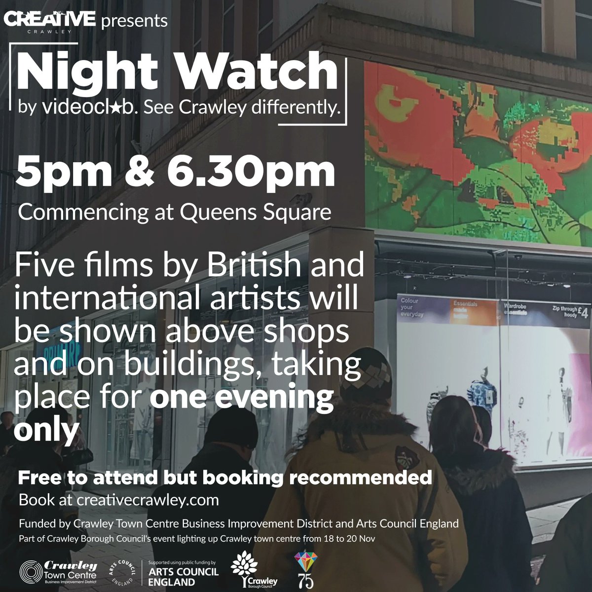 On the 19 November we're partnering with @videoclub_uk to bring the Night Watch film trail to Crawley town centre as part of @crawleybc's Light Up event, running from 18-20 Nov Touring at 5pm & 6.30pm Book FREE: buff.ly/3DAtLSa Funded by @crawleytcbid & @ace_southeast