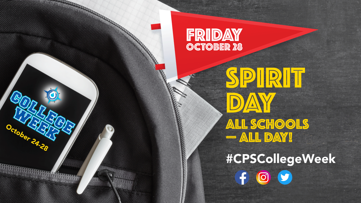 IamCPS's tweet photo. Today's our final day of college week, and we're ending it with a bang! Show off your school spirit and tag us using #CPSCollegeWeek! 

Click the link to learn more about the CPS college week celebration: https://t.co/AFGRHqB6WF https://t.co/d3YMg5x44p