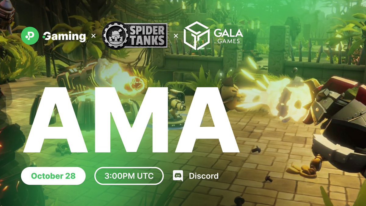 Join our Discord exclusive AMA with @spider_tanks & @GoGalaGames in 3 hours! 🕷️ Tune in to learn more about this week’s launch and the upcoming PGG tournament! 👀 📆 28th October, 3PM UTC 🔗 discord.gg/pgg