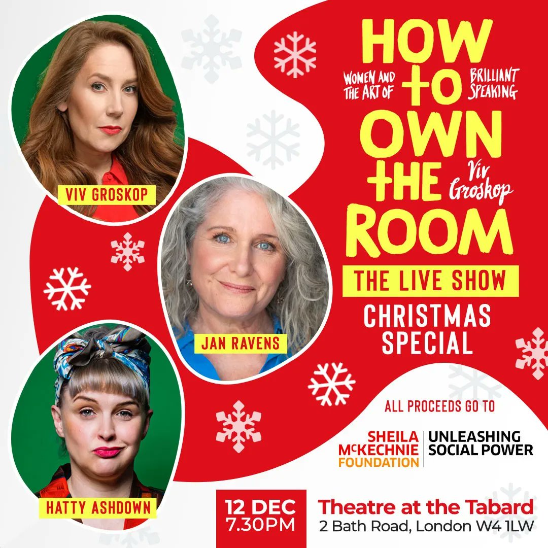 VivGroskop's tweet photo. Excited for this… How to Own the Room: The Live Show (Christmas Special) is coming Dec 12 in Chiswick, starring me, @thatjanravens and @HattyAshdown. Chat, stand-up and room-owning. Tickets: https://t.co/pzRIdVcol4
@TheatreAtTabard, @SMKcampaigners #howtoowntheroom #londoncomedy https://t.co/V4xyqNSAdz